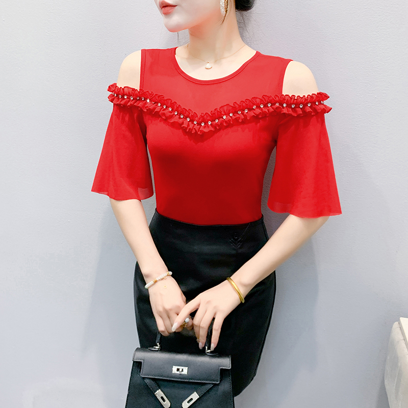 FA15869# 夏季新款网纱时尚露肩重工订钻性感百搭显瘦五分袖女上衣 服裝批發女裝批發服飾貨源