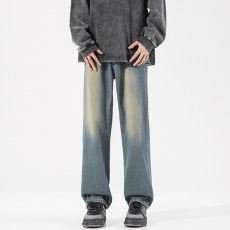 批发高端美式蓝色牛仔裤男秋季新款宽松直筒冰感阔腿休闲长裤子男