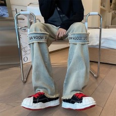 批发高端美式复古蓝色牛仔裤男秋季新款宽松直筒冰感阔腿休闲长裤子男