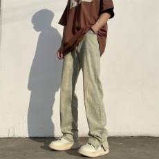 批发高端美式复古蓝色牛仔裤男秋季新款宽松直筒冰感阔腿休闲长裤子男