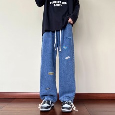 批发高街牛仔裤男夏季薄款ins潮牌宽松直筒裤子潮流阔腿裤设计感小众