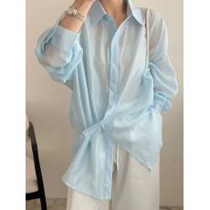 批发浅蓝色天丝衬衫<b class='q'>长袖</b>薄款<b class='q'>防晒衣</b>气质高级设计侧扣上衣