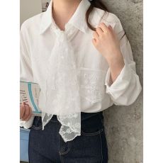 批发原版定制口袋丝巾蕾丝长袖衬衫上衣女夏季外搭开衫宽松衬衣