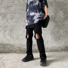 批发高街美式黑色膝盖破洞牛仔裤潮牌嘻哈修身开叉拉链裤子男