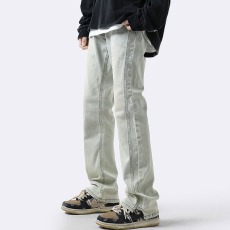 批发港仔文艺男<b class='q'>日系</b><b class='q'>复古</b>水洗做旧牛仔裤男春秋宽松阔腿休闲直筒长裤