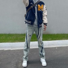 批发美式弹力牛仔裤男高街秋潮牌复古直筒修身阔腿撞色设计感长裤ins