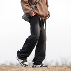 批发港仔文艺男<b class='q'>日系</b><b class='q'>复古</b>水洗做旧牛仔裤男春秋宽松阔腿休闲直筒长裤