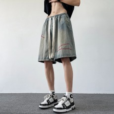 批发牛仔短裤男夏季美式高街vibe五分裤子水洗刺绣痞帅宽松直筒休闲裤