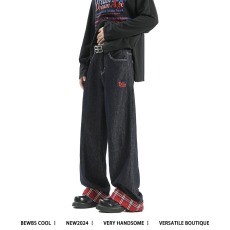 批发小众原创美式格子拼接卷边宽松牛仔裤