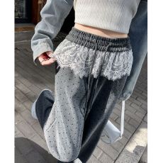批发蕾丝拼接波点阔腿裤女春秋<b class='q'>设计</b>感休闲裤宽松直筒拖地裤