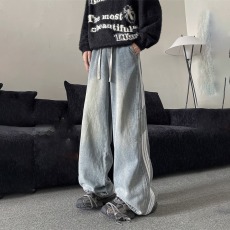 批发美式复古水洗阔腿牛仔裤男春秋季cleanfit三条杠宽松做旧直筒长裤