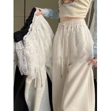 批发芭蕾风蕾丝拼接阔腿裤女春夏新款高腰抽绳直筒休闲运动卫裤<b class='q'>长裤</b>子