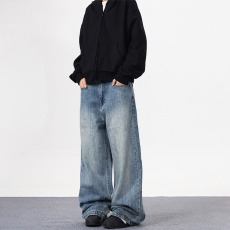 批发美式复古做旧水洗蓝牛仔裤男女宽松直筒高街阔腿老爹长裤潮