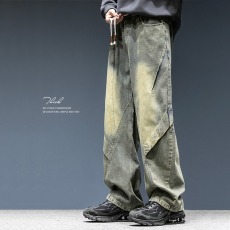 批发水洗复古牛仔裤男秋冬季直筒宽松抽绳做旧美式潮流长裤子