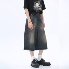 批发阔腿7分牛仔裤夏季复古水洗做旧直筒牛仔中裤男短裤