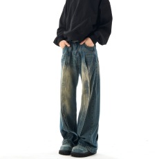 批发重工艺水洗做旧牛仔裤微喇叭宽松直筒波浪设计感休闲裤子男