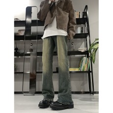 批发美式vibe裤子男款高街水洗渐变复古蓝牛仔裤修身显腿长微喇直筒裤