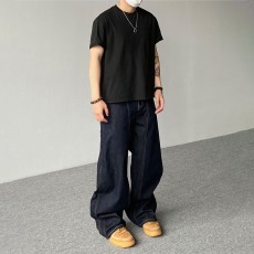 批发美式<b class='q'>简约</b>丹宁蓝色阔腿弯刀牛仔裤男女宽松百搭显瘦长裤潮