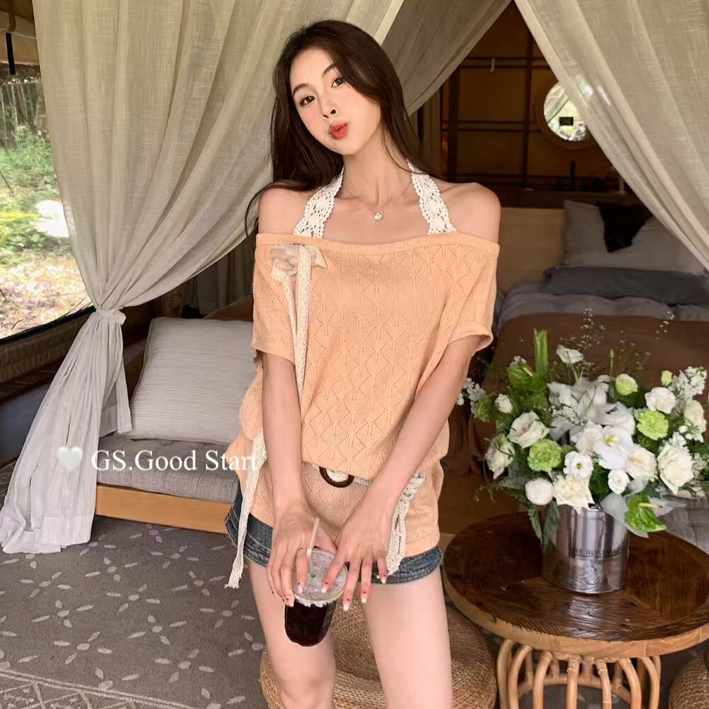MY3462# gs蕾丝挂脖一字肩上衣女新款波西米亚度假风宽松别致小衫女裝貨源服裝批發