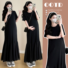 批发实拍<b class='q'>夏</b>新款孕妇装宽松大码针织拼接鱼尾长裙孕妇连衣裙哺乳裙