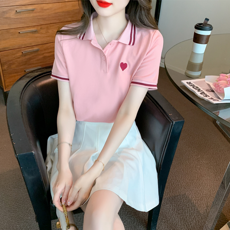 MY4808# 夏季新款POLO领套头T恤爱心刺绣学院风衬衫工作服小衫女裝貨源服裝批發