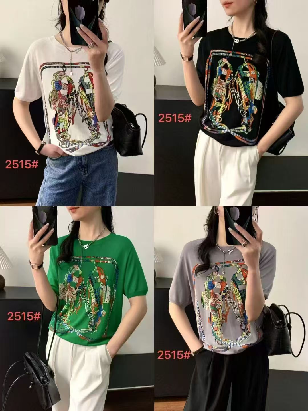 MY9711# 新款圆领缎面印花拼接针织衫女复古宽松薄款短袖上衣T恤女裝貨...