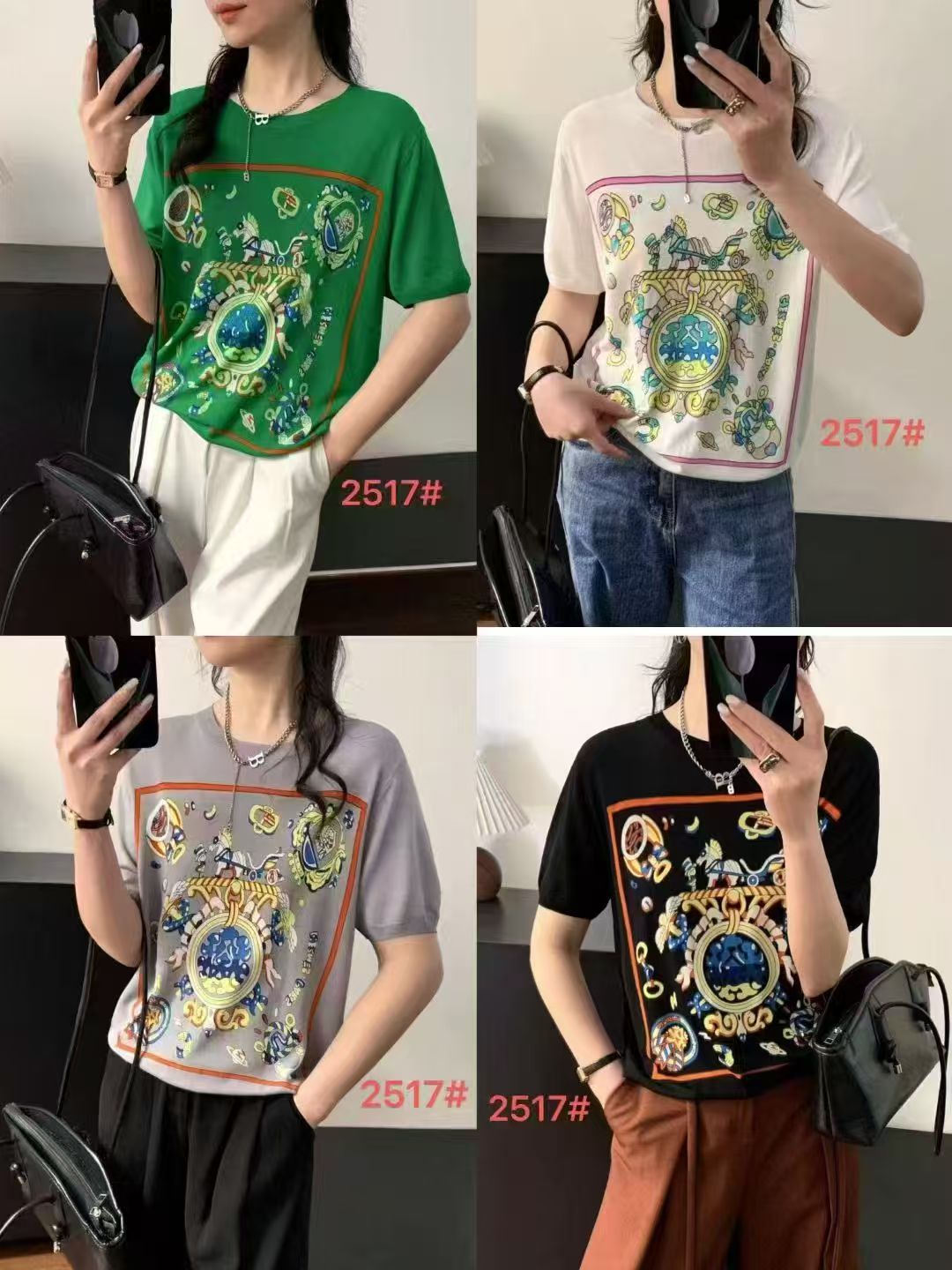 MY9712# 新款圆领缎面印花拼接针织衫女复古宽松薄款短袖上衣T恤女裝貨...