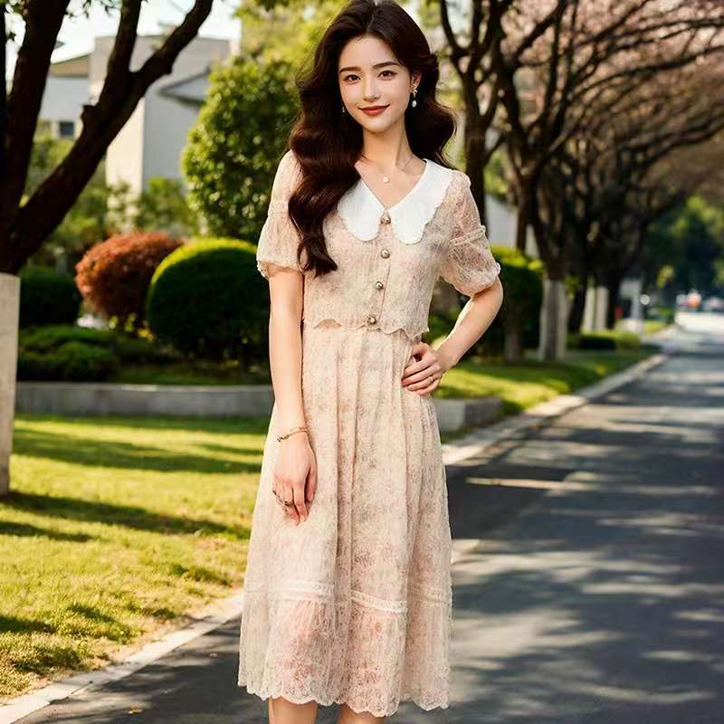 MY8035# 夏季新款短袖遮肉碎花显瘦娃娃领拼接假两件连衣裙女裝貨源服裝批發