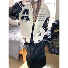 批发原版毛巾绣毛呢拼皮 美式棒球服外套女春季新款翻领刺绣情侣<b class='q'>夹克</b>