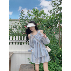 批发实拍~胖mm法式纯欲设计感薄款露肩扎染<b class='q'>长袖</b>防晒衫阔腿短<b class='q'>裤</b>两件套