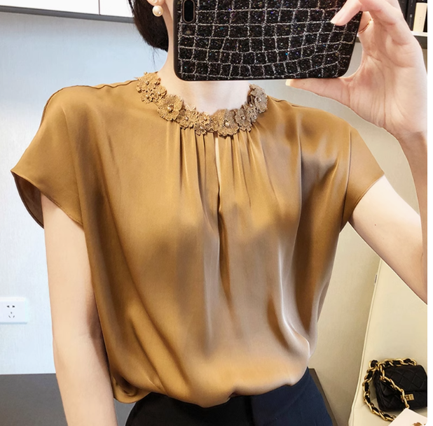 FA16035# 重工短袖衬衫女夏桑蚕丝衬衣高级感法式别致上衣漂亮小衫 服裝批發女裝批發服飾貨源
