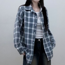 批发韩版夏季薄款格子衬衫原宿风休闲小众<b class='q'>长袖</b>时尚防晒衣女上衣衬衣潮