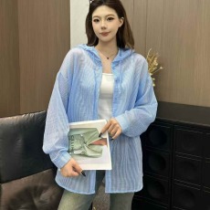 批发夏季条纹衬衫韩版连帽开衫外套休闲<b class='q'>百搭</b>外穿薄款防晒衣上衣衬衣潮