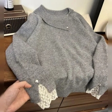 批发灰色翻领毛衣女春季韩系慵懒高级感加厚蕾丝内搭打底针织衫上衣