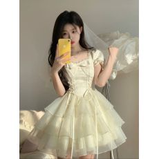 批发2025蝴蝶结提花<b class='q'>欧根纱</b>仙女感连衣裙女夏季新款在逃公主蓬蓬短裙子