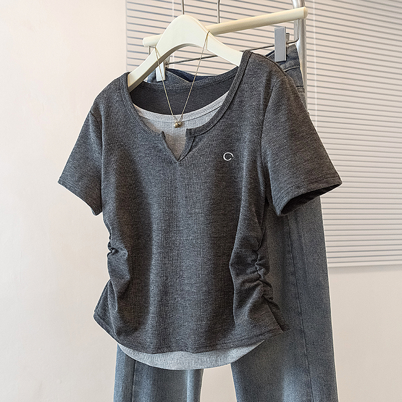 RY70141# 实拍大码女装韩版假两件遮肉显瘦短袖t恤胖妹妹休闲百搭减龄...