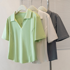 批发实拍<b class='q'>大码</b>女装<b class='q'>韩版</b>流行翻领短袖上衣胖妹妹洋气宽松显瘦百搭t恤夏