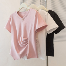 批发实拍<b class='q'>大码</b>女装<b class='q'>韩版</b>流行V领显瘦短袖上衣胖妹妹简约百搭休闲通勤t恤