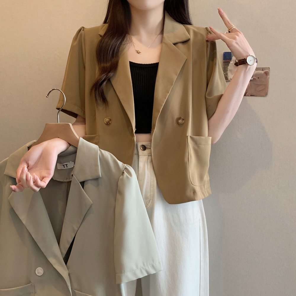 RY2820# 实拍夏装大码西装外套翻领宽松泡泡袖短款西服上衣M 4XL200斤
