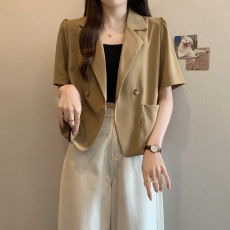 批发现货实拍<b class='q'>夏</b>装大码西装外套翻领宽松泡泡袖短款西服上衣M 4XL200斤