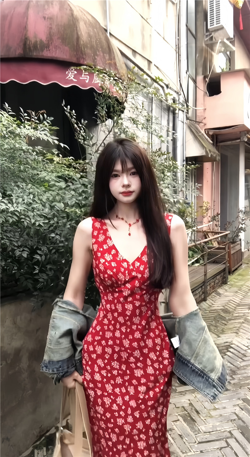 실사 레트로 V넥 허리 수축 꽃무늬 치마 행침 목 롱 코트 드레스 긴팔 봄 여름 데님 재킷