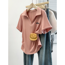 批发<b class='q'>实拍</b>2026夏装新款胖mm<b class='q'>大码</b>女时尚v领刺绣弧形收腰短袖T恤