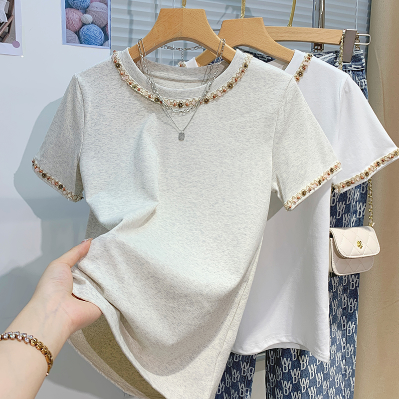 FA29663# 重工串珠短袖T恤女夏韩版圆领宽松休闲半袖设计感小众上衣潮