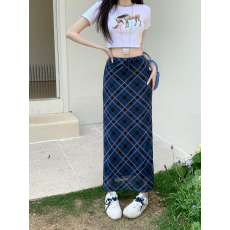 批发实拍~大码女装格子直筒中长款半身裙辣妹高腰显瘦夏季包臀长裙