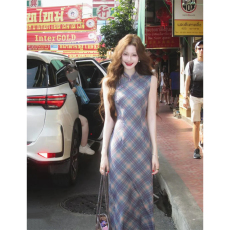 批发紫织新中式淡紫色格纹气质无袖<b class='q'>旗袍</b>显瘦连衣裙女夏