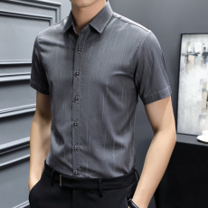 批发实拍弹力轻<b class='q'>商务</b>休闲衬衫质感垂感抗皱竹纤维男士短袖白色免烫薄款