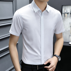 批发实拍弹力轻<b class='q'>商务</b>休闲衬衫质感垂感抗皱竹纤维男士短袖暗门襟免烫薄