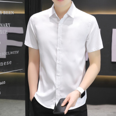 批发实拍弹力轻<b class='q'>商务</b>休闲男士衬衫质感垂感抗皱短袖纯色白色黑色免烫薄