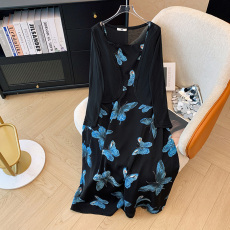 批发130-350斤大码女装蝴蝶印花无袖连衣裙+开衫小上衣套装春秋新款