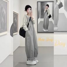 批发春季穿搭一整套大码胖mm连帽<b class='q'>条纹</b>上衣连体阔腿背带裤工装复古<b class='q'>套装</b>